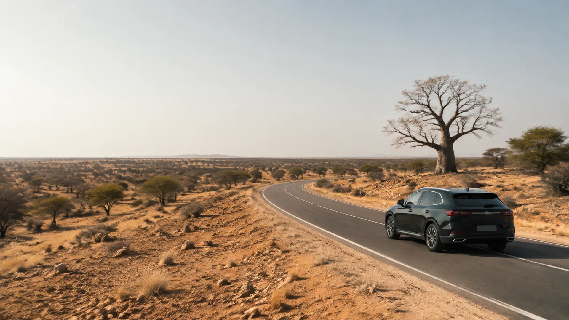 Berline sur une route bordée d'un baobab